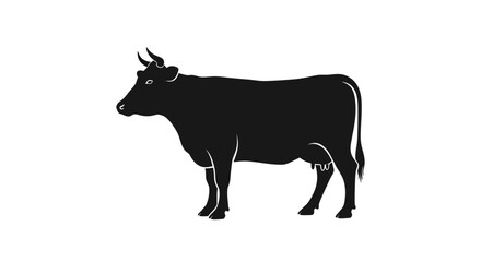 Fototapeta premium Silhouette of a black cow standing on a white background, showcasing its form.