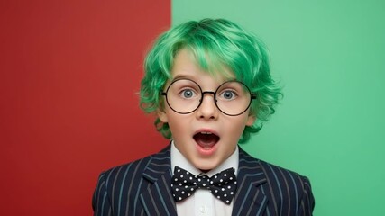 Child with vibrant green hair and surprised expression, wearing glasses and a bow tie. - Powered by Adobe