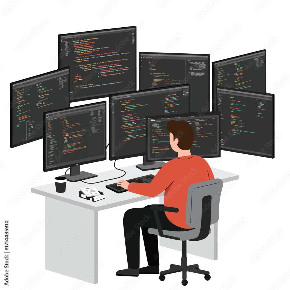 Wall mural a person at a desk surrounded by computer monitors displaying lines of colorful code
