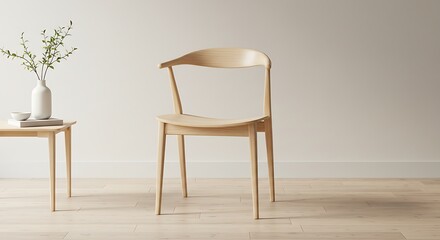 Minimalist Light Wood Chair and Table with Greenery in a Bright, Modern Room
