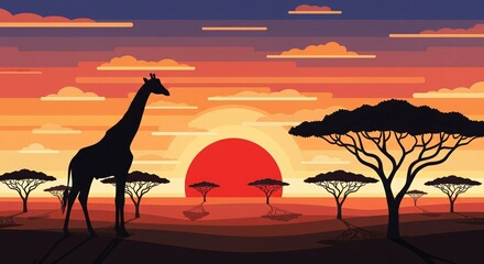 Vibrant flat design illustration of an African savanna with a giraffe silhouette at sunset. Concept of safari, travel and wildlife conservation