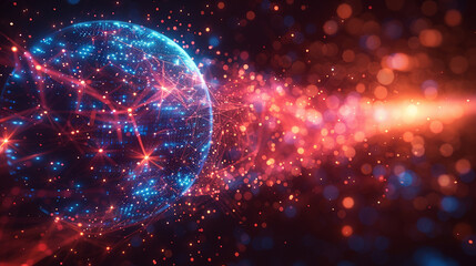 Abstract digital sphere with glowing network and cosmic particles.