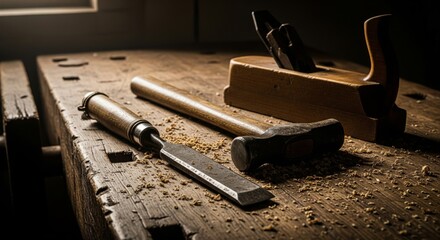 Atmospheric and rustic photograph of vintage woodworking tools on a workbench with sawdust. Concept of craftsmanship and traditional carpentry
