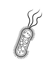 Hand drawn illustration of a single bacterium with flagella and pili