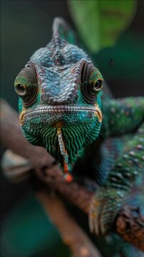 Ancient chameleon with vibrant green leaf camouflage, showcasing unique facial features.