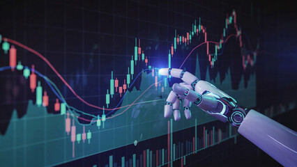 Futuristic AI Robotic Hand with Stock Market Candlestick Chart and Financial Data Visualization