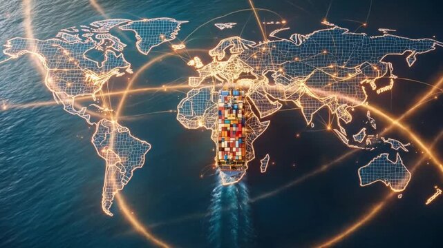 Global Trade and Logistics: A Container Ship Connecting the World Map Network