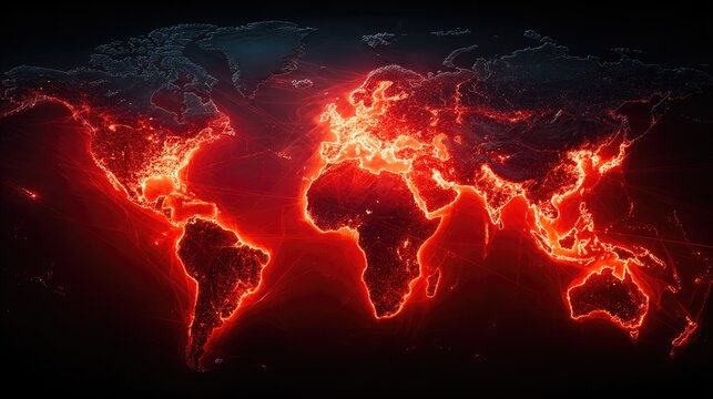 Digital World Map with Fiery Red Glow - Powered by Adobe