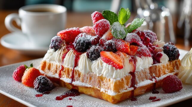 Belgian waffle with whipped cream and fresh strawberries