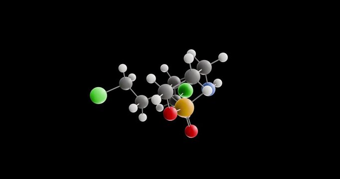 Cyclophosphamide molecule, rotating 3D model of antineoplastic agents, looped video on a black background
