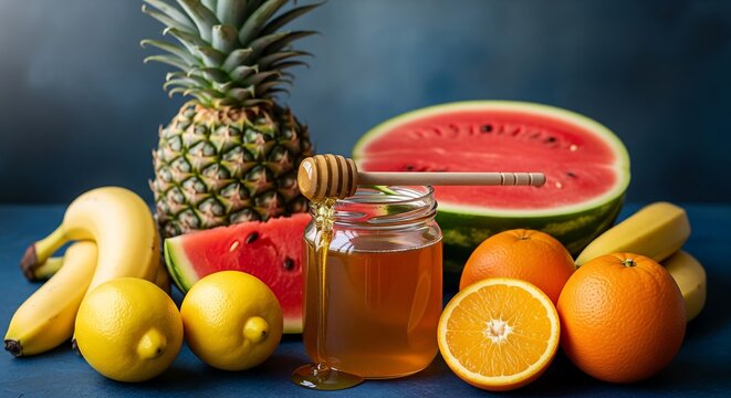 Fresh summer fruits with honey healthy food diet nutrition photo
