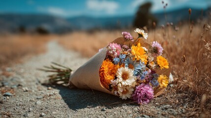 Colorful wildflowers bouquet wrapped in kraft paper lying on a dusty dirt path in a rural landscape