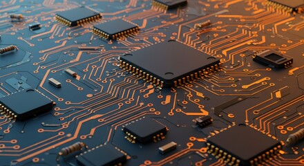 Close-up of a Microchip and Circuit Board with Orange Traces