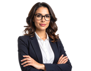portrait of a beautiful brunette business woman with eyeglasses and crossed arms isolated on white or transparent png