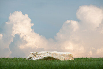 Surreal stone podium with green grass white clouds on blue sky nature forest background.Product present natural placement pedestal minimal display,paradise dreamy concept.