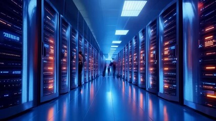 Server room hallway with glowing server racks illuminated in blue and orange tones. Two blurred technicians walking through symmetrical corridor with bright overhead lighting - Powered by Adobe
