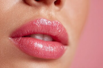 Obraz premium Close-up studio shot of a woman's face with beautiful shiny pink lips, focusing on the perfect lip gloss and smooth skin, emphasizing beauty and skincare routine.