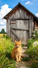 Orange cat sits by old wooden shed