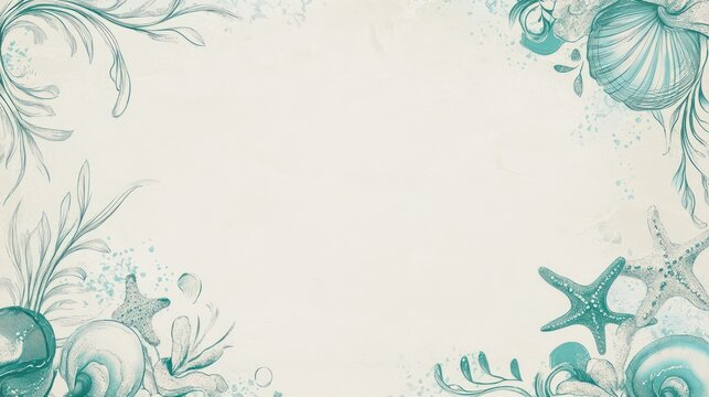 Elegant teal seashell and marine life illustration on cream background