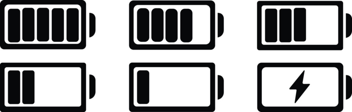 Battery Charge Icons. Solid style icons of battery charging animations: pulsing battery icon, circular charge symbol, animated,Power Level Indicators vector illustration,outline style