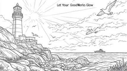 Obraz premium Coastal lighthouse illustration with seagulls and ship under bright sunlight