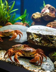 Orange crabs on aquarium rocks