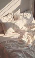 Sunlit morning ambiance showcasing a rumpled bedding setup with white linen pillows and sheets...