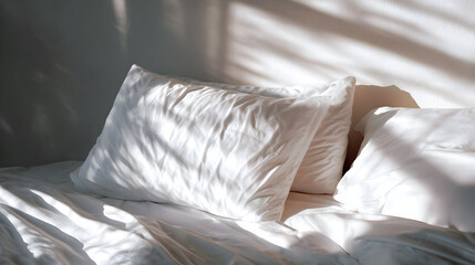 Serene Morning Sunlight on White Bedding and Pillows creates a peaceful cozy ambiance in the bedroom for sleep relaxation rest comfort and tranquility in a home or hotel