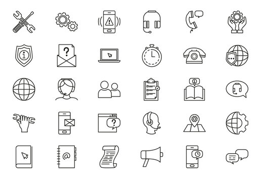 Black Customer Support Tools Communication Service Line Icons Set