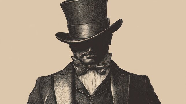 Mysterious man in top hat and bow tie, vintage illustration style.