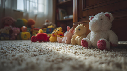Charming array of cuddly plush toys gathered on fluffy carpet creating a playful and comforting scene perfect for childhood memories or cozy moments in a nursery setting evoking