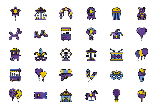 Colorful Carnival Fair Festival Circus Entertainment Icons Set