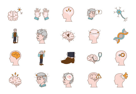 Colorful Parkinson Disease Brain Health Elderly Medical Illustrations Set
