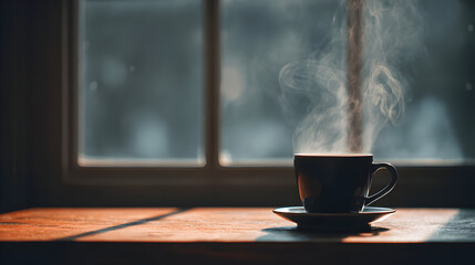 Inviting morning steam rising from a coffee cup on wood by window symbolizing quiet comfort and warmth perfect for a relaxing start to your day or a moment of reflection