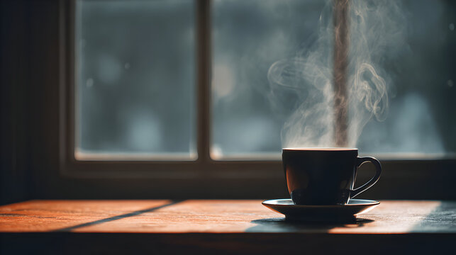 Inviting morning steam rising from a coffee cup on wood by window symbolizing quiet comfort and warmth perfect for a relaxing start to your day or a moment of reflection