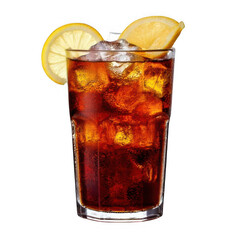cola with ice and lemon slice isolated on white or transparent.