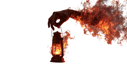 Fiery Hand Holding Lantern isolated on transparent background