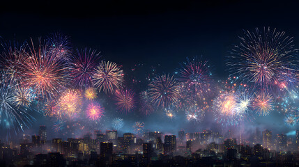 Spectacular fireworks exploding over urban cityscape illuminating the night sky with vibrant colors celebrating festive occasions or national holiday creating atmosphere of joy