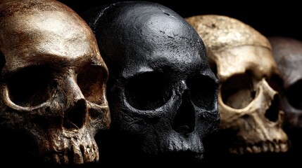 Close-up of ancient skulls, archaeology and anthropology study