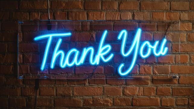 Blue Neon Thank You Sign on Brick Wall - Powered by Adobe