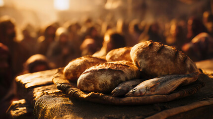 The five loaves and two fish before a huge crowd, the bible story of Jesus feeding the five thousand, a miracle of faith and abundant provision, a cinematic scene from the New Testament gospel.

