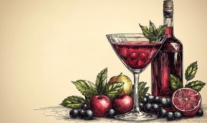 Hand-drawn cocktail illustration with fruits and bottle