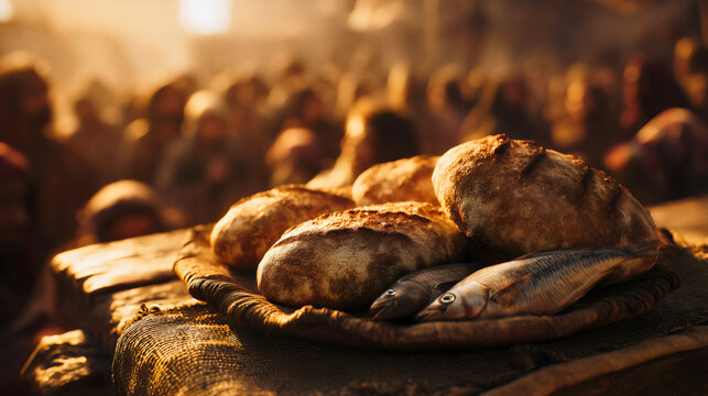 The five loaves and two fish before a huge crowd, the bible story of Jesus feeding the five thousand, a miracle of faith and abundant provision, a cinematic scene from the New Testament gospel.


