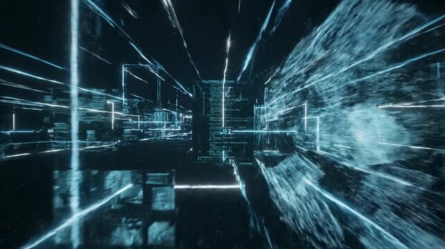 Digital Data Stream - Abstract visualization of data flow and code patterns in a digital environment. Glowing blue lines and code fragments move through a dark space, creating a dynamic and