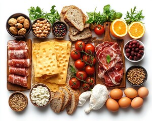 Assorted food items arranged on a white background.  A variety of breakfast options