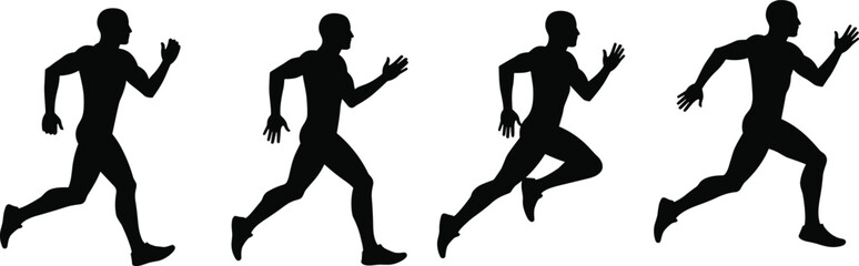 Black silhouette of male runners in motion on white background running