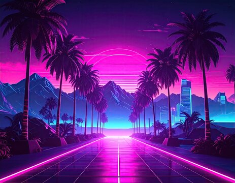 Retro Futuristic Synthwave Night Skyline with Glowing Moon