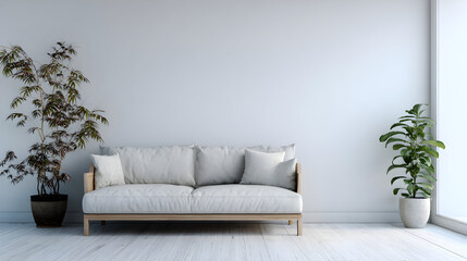 Modern Interior Scene with Minimalist Couch and Potted Plants Serene Home Decor Featuring Simple Scandinavian Design for Relaxed Living with indoor greenery and Bright Natural