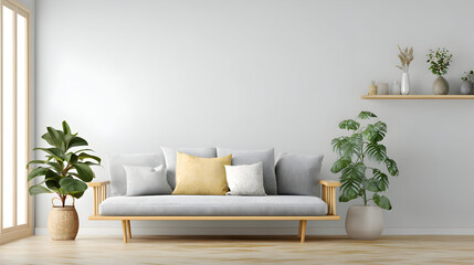 Modern living room interior design featuring comfortable couch plants decor and wooden accents capturing a serene home setting with elegant simplicity and natural light spacious