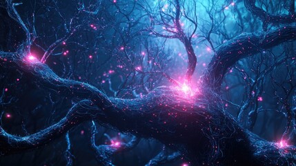 Conceptual digital illustration of AI decoding unstructured data within a glowing forest of neural branches, symbolizing organic intelligence 